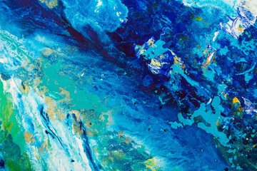 Classic blue color of the year 2020. Abstract fluid acrylic painting. Modern art. Marbled blue abstract background. Liquid marble pattern. Acrylic liquid modern trendy painting. Splashes on canvas.