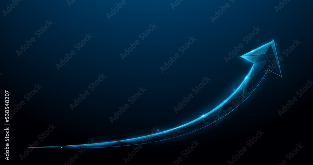 Poster blue arrow up made from lines, triangles, low polygons, and particle style. vector illustration