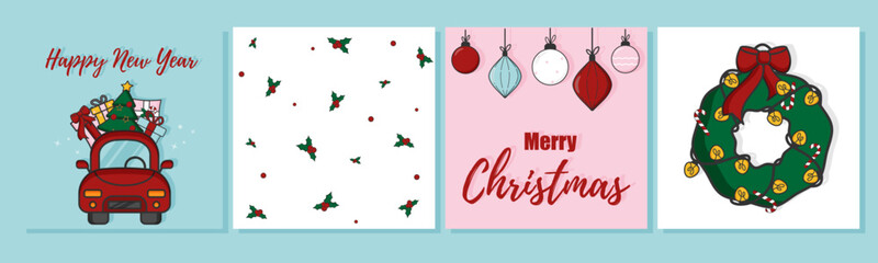 Naklejka na ściany i meble Christmas, set of Christmas cards, pattern, New Year, Christmas tree toys, garland, Christmas wreath, winter holidays, greetings, Santa, Christmas tree, gifts
