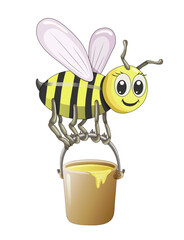 A bright yellow bee flies with a bucket of honey and smiles funny and cute on an isolated white background. Insects and cartoons. Children's illustration. Print for children. Vector illustration.