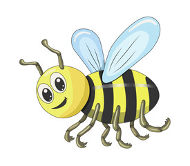 A bright yellow bee or bumblebee smiles funny and cute on an isolated white background. Bumblebee. Insects. Children's illustration. Individual elements. Print for children. Vector illustration. - obrazy, fototapety, plakaty