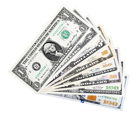 All banknotes of United States of America isolated on white.