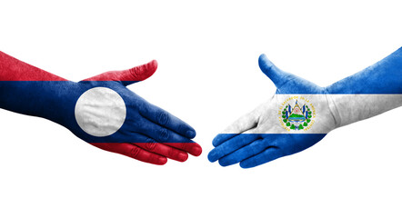 Handshake between El Salvador and Laos flags painted on hands, isolated transparent image.