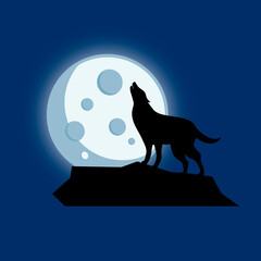 Wolf howling at the full moon silhouette illustration. Wolf in the night landscape drawing....