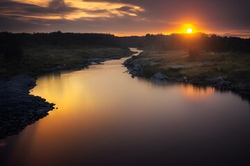 Obraz premium A beautiful and tranquil sunset over a river. 