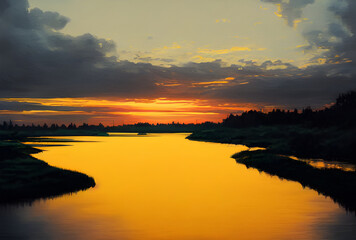 Obraz premium A beautiful and tranquil sunset over a river. 