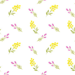 watercolor seamless pattern with meadow wild flowers, mimosa. For decoration and design. Printing on postcards, paper, packaging, fabric. Wedding, romantic, natural style. Spring.