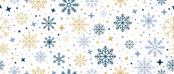 Behang Abstracte sneeuwvlok naadloze grens. Sneeuwvlokken naadloos patroon. Sneeuwval herhalen achtergrond. Wintervakantie thema. Naadloze achtergrond met sneeuwvlokken. Vector illustratie © Aozora