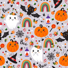Seamless pattern with cute halloween elements, ghosts, pumpkins, hats, bats, rainbows and flowers. Vector illustration.