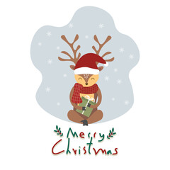 Vector illustration of cute reindeer holding a gift over snowflake background for Merry Christmas concept