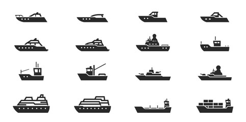 ship and boat icon set. water transport symbol. vessels for travel and transportation. isolated vector image - obrazy, fototapety, plakaty