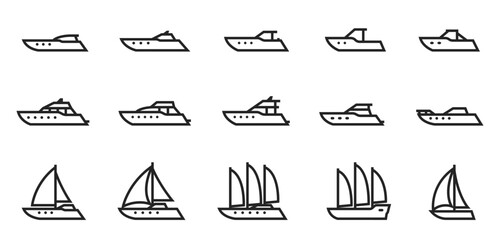 motor and sailing yachts and boats line icon set. vessels for sea travel, tourism and vacation - obrazy, fototapety, plakaty