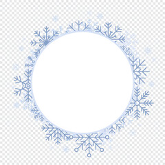 Fototapeta premium White circle snowflakes new year. Winter round background with snowflakes. Winter snowflakes background. Circle frame. Space for text. Snowflakes behind white empty frame. Vector illustration