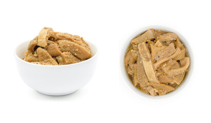 Beef tripes stewed in ceramic white bowl isolated on white background