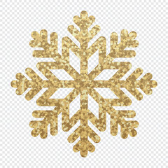 Golden glitter covered snowflake. Snowflake made of golden glitter. Gold glitter texture snowflake. Vector illustration