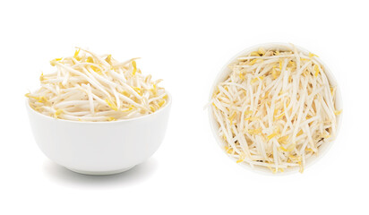 Pile of bean sprouts in ceramic white bowl isolated on white background
