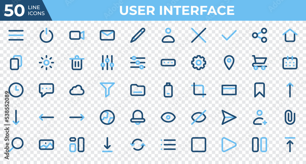 Poster set of 50 user interface icons in colored line style. menu, calendar, clock. colored outline icons c