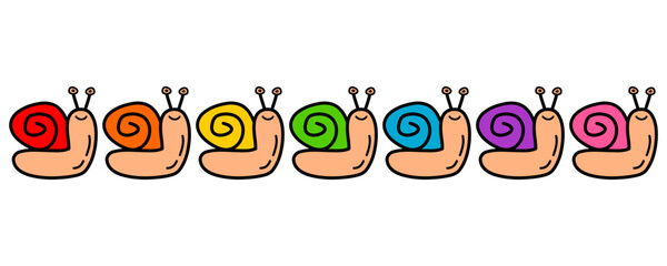 Set multicolored cute snails happy smile cartoon character hand dawing on white background flat vector design.