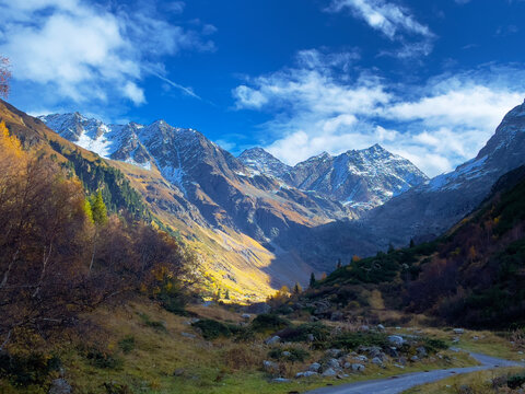 Valley end of the pitztal, tyrol austria, in autumn with yellow colored trees by the indian summer