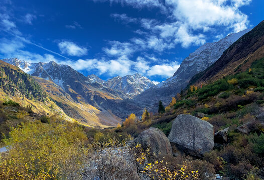 Valley end of the pitztal, tyrol austria, in autumn with yellow colored trees by the indian summer