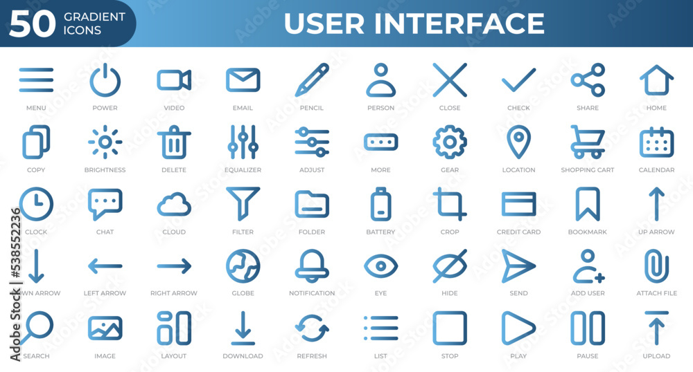 Poster set of 50 user interface icons in gradient style. menu, calendar, clock. gradient icons collection. 