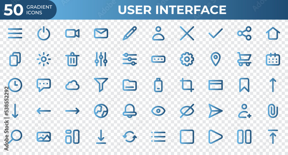 Poster set of 50 user interface icons in gradient style. menu, calendar, clock. gradient icons collection. 