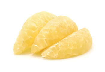 Fresh and peeled pomelo isolated on white background. Slice of shaddock, grapefruit, citrus seasonal fruit.