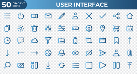 Set of 50 User Interface icons in gradient style. Menu, calendar, clock. Gradient icons collection. Vector illustration