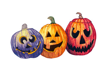 Halloween pumpkins. Scary, colored pumpkins isolated on a white background. Jack-o'-lantern pumpkins.Watercolor illustration. Various faces carved into hand-drawn pumpkins.
