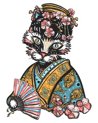 Asian kitty geisha princess. Funny oriental cat. Old school tattoo vector art. Hand drawn graphic. Isolated on white. Traditional flash tattooing style