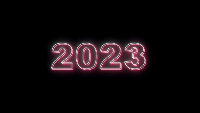Happy New Year. Blue pink neon light sign background, glowing blinking 2023 neon text background, new year concept, animation on black background for cutout or overlay on video footage.