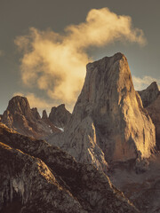 Beautiful mountain landscape at sunset. Close-up view of the Naranjo de Bulnes in the Picos de Europa National Park in Asturias, Spain. 