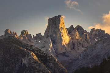Beautiful mountain landscape at sunset. Close-up view of the Naranjo de Bulnes in the Picos de...
