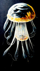isolated Jellyfish on black background, Detailed Illustration of Translucent jellyfish
