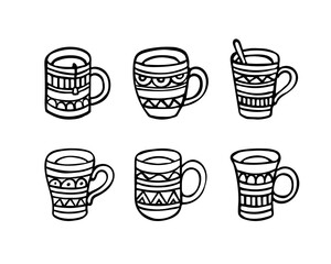 A set of doodle mugs. Collection of hand-drawn tea cups. Vector illustration