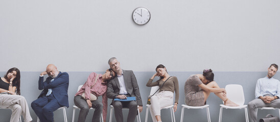 Exhausted people falling asleep in the waiting room