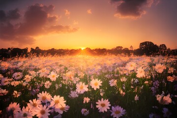Fototapeta na wymiar Tranquil sunset over a beautiful field of flowers. 
