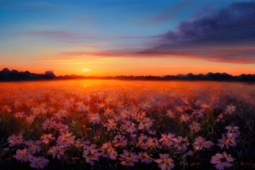 Naklejka na ściany i meble Tranquil sunset over a beautiful field of flowers. 
