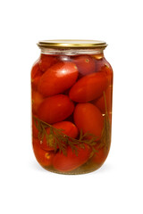 Glass jar with pickled tomatoes on a white background. canned tomatoes