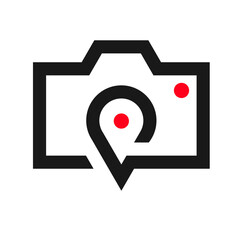 a logo formed by combining a camera icon and a location icon. The logo is black with 2 red circles. suitable for company logos or communities engaged in photography.