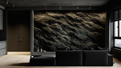 Contemporary black interior with rock stone wall, sofa and decor. 3d render illustration mockup.