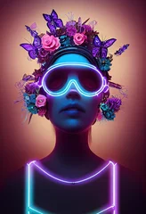 Abstraktes farbenfrohes Porträt eines schönen Mädchens mit Blumen. Modische süße Frau. Kreatives schönes Mädchen. © designprojects