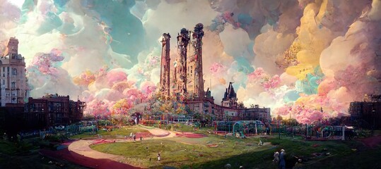 Fantasy city with Cotton candy cloud.