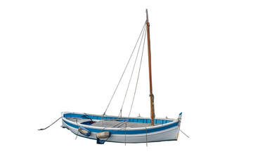 Small blue and white fishing boat with transparent background