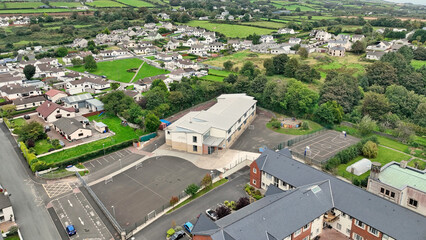Fototapeta na wymiar Aerial Photo of Scoil Eoghan School in Moville Town Playpark on the Wild Atlantic Way Donegal Coast Ireland