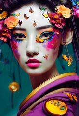 Abstraktes buntes Porträt einer hübschen Geisha mit schönem Make-up und Schmetterlingen. Modische süße Frau. Kreatives schönes Mädchen. © designprojects