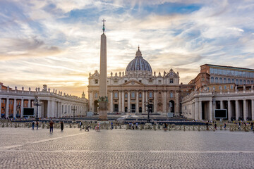 St. Peter's basilica on St. Peter's square in Vatican at sunset, center of Rome, Italy