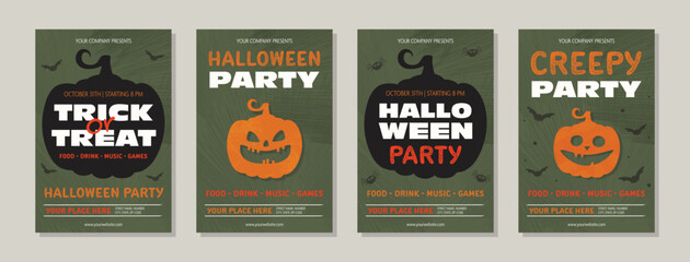 Concept of Halloween Party card with creepy pumpkin. Collection of posters. Vector illustration