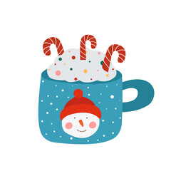 Christmas hot drink vector illustration. Funny winter blue mug isolated on white. Cute xmas beverage in flat cartoon style.