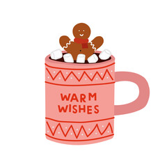 Christmas hot drink vector illustration. Funny winter pink mug isolated on white. Cute xmas beverage in flat cartoon style.